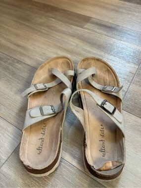 altard State Beige Leather Buckle Slide Sandals